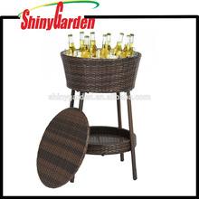 Wicker Ice Bucket Outdoor Patio Rattan Furniture All-Weather Beverage Beer Cooler Table with Tray